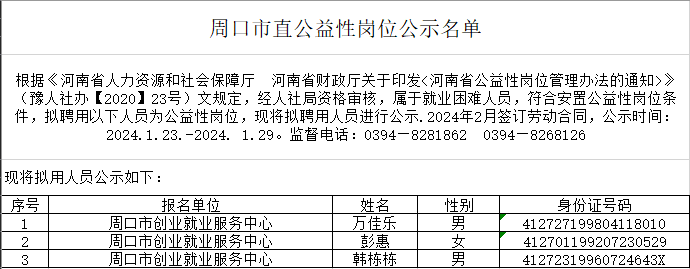 2024年2月公益性岗位安置公示