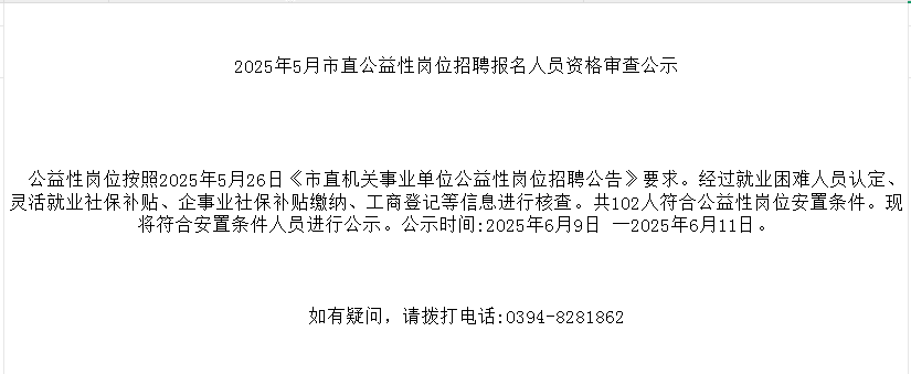 2025年5月市直公益性岗位招聘报名人员资格审查公示
