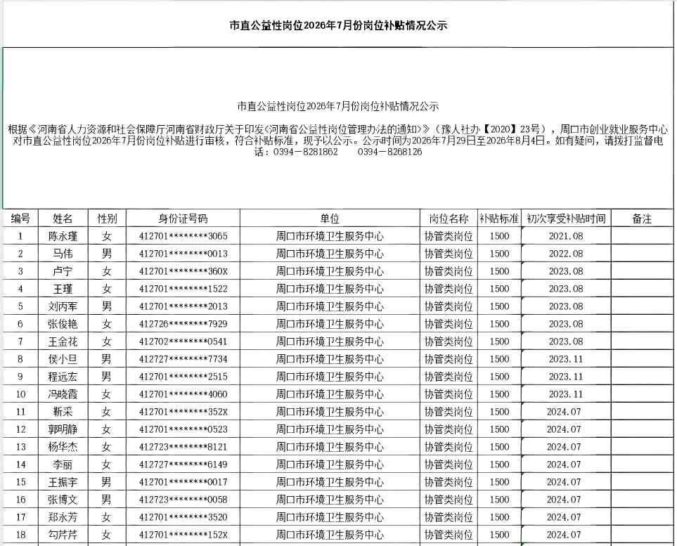 市直公益性岗位2026年7月份岗位补贴情况公示